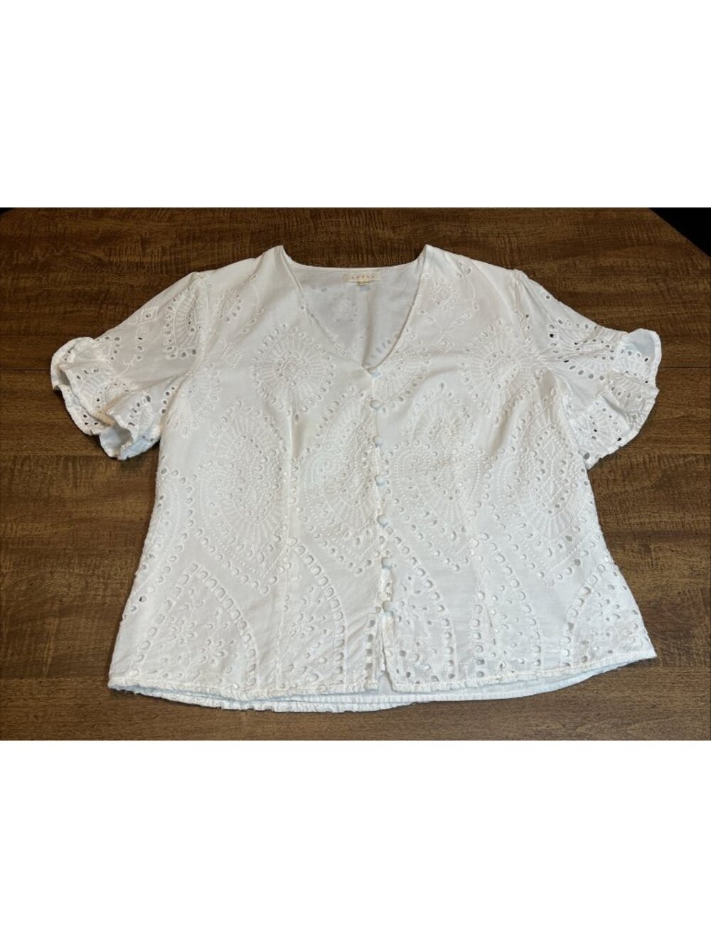 Adiva Eyelet Button Shirt SZ Large White Ruffle Cottage Coquette Boho Feminine